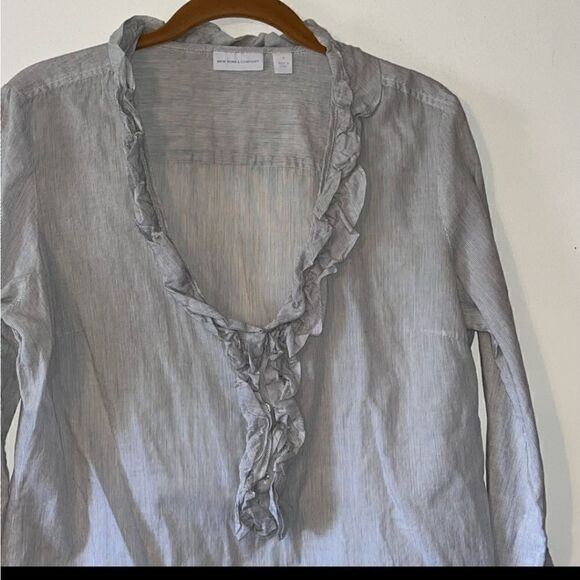 New York and Co Pin Striped Ruffle Buttoned Blouse Cotton Tunic - Picture 3 of 8